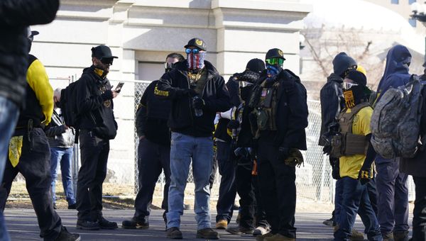 Proud Boys attend a rally in support of President Donald Trump Wednesday, Jan. 6, 2021, outside the State Capitol in downtown Denver. - Sputnik International