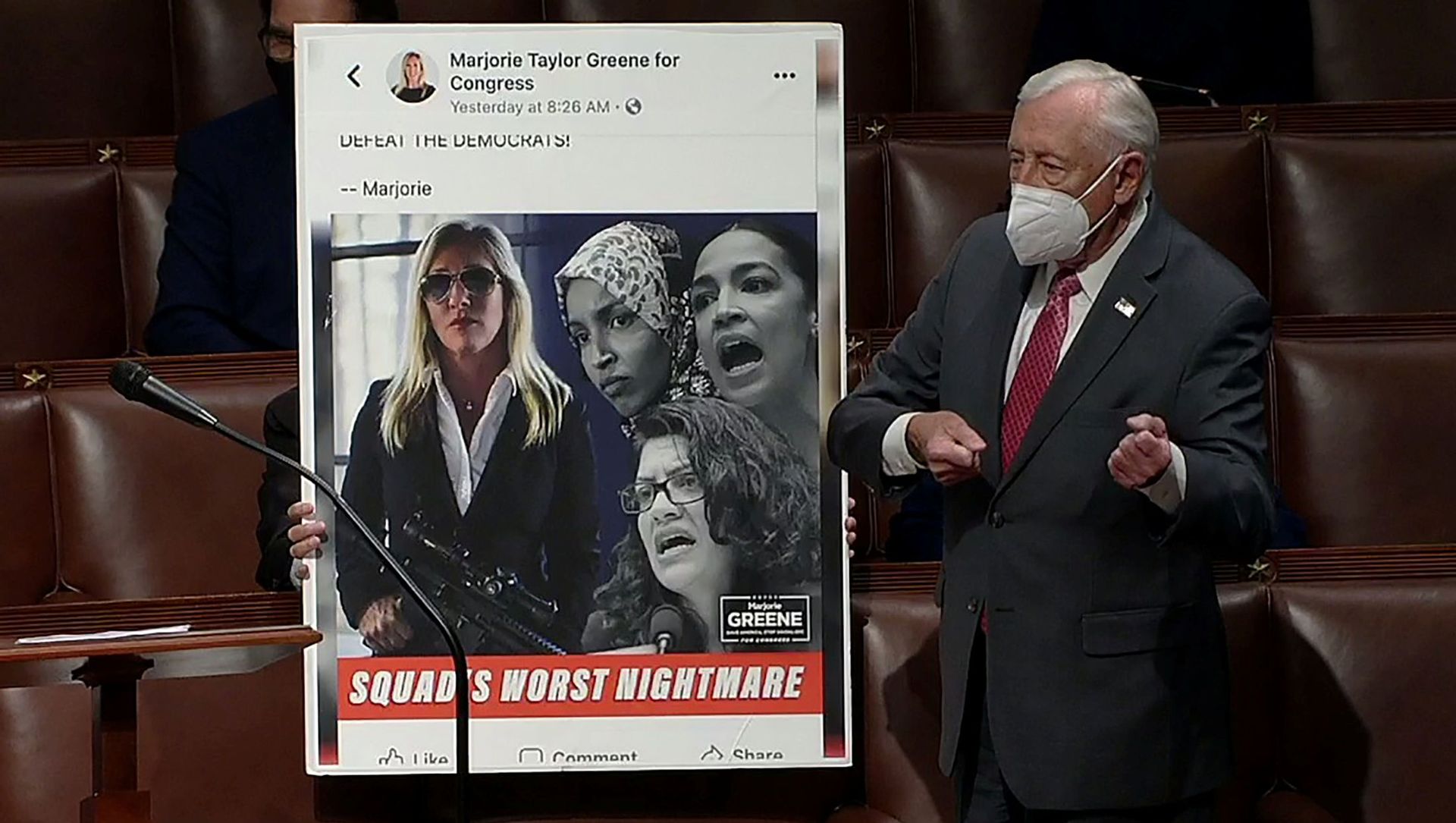 U.S. House Majority Leader Steny Hoyer (D-MD) mimics holding a gun next to an enlarged Tweet as he speaks during debate ahead of a House of Representatives vote on a Democratic-backed resolution that would punish Republican congresswoman Marjorie Taylor Greene, in this frame grab from video shot inside the House Chamber of the Capitol in Washington, U.S., February 4, 2021. U.S. House Majority Leader Steny Hoyer (D-MD) mimics holding a gun next to an enlarged Tweet as he speaks during debate ahead of a House of Representatives vote on a Democratic-backed resolution that would punish Republican congresswoman Marjorie Taylor Greene, in this frame grab from video shot inside the House Chamber of the Capitol in Washington, U.S., February 4, 2021. - Sputnik International, 1920, 04.02.2021