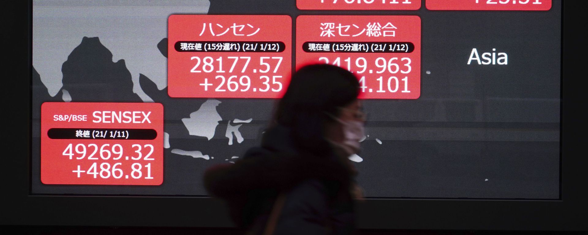 A woman wearing a face mask to help curb the spread of the coronavirus walks past an electronic stock board showing Japan's Nikkei 225 and other Asian indexes at a securities firm in Tokyo Tuesday, Jan. 12, 2021. A woman wearing a face mask to help curb the spread of the coronavirus walks past an electronic stock board showing Japan's Nikkei 225 and other Asian indexes at a securities firm in Tokyo Tuesday, Jan. 12, 2021. - Sputnik International, 1920, 16.09.2022