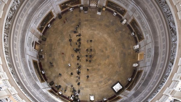 Acting Sergeant at Arms Timothy Blodgett, bottom right, leads Rep. Jamie Raskin, D-Md., the lead Democratic House impeachment manager, and  other impeachment managers through the Rotunda to the Senate for the second impeachment trial of former President Donald Trump, Tuesday, Feb. 9, 2021, in Washington - Sputnik International