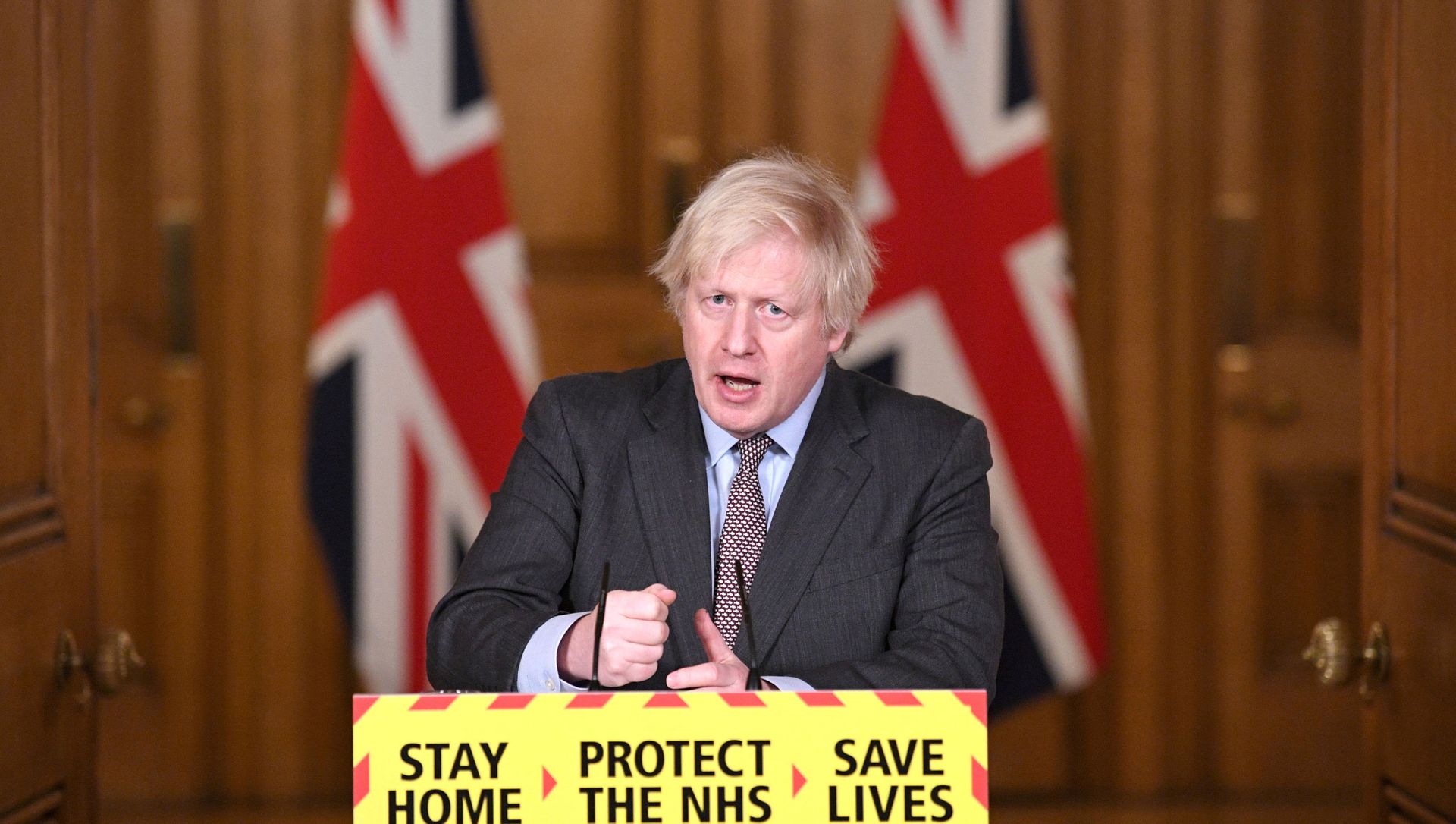 Britain's Prime Minister Boris Johnson addressees the media at a coronavirus disease (COVID-19) pandemic briefing in Downing Street, London, Britain February 3, 2021. Britain's Prime Minister Boris Johnson addressees the media at a coronavirus disease (COVID-19) pandemic briefing in Downing Street, London, Britain February 3, 2021. - Sputnik International, 1920, 19.02.2021
