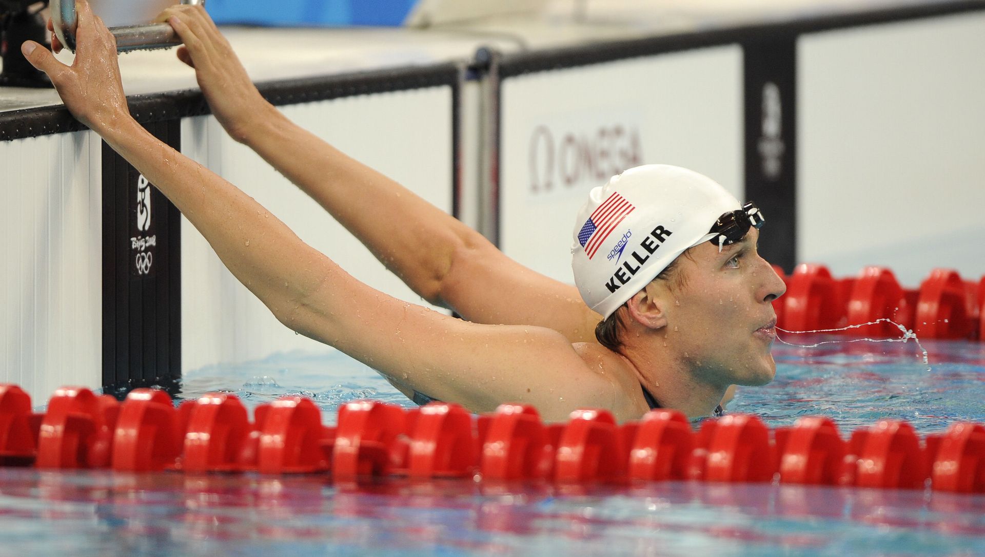 Klete Keller, the anchor of the men's U.S. 4x200-meter relay team, reacts after finishing first in a heat during the swimming competitions in the National Aquatics Center at the Beijing 2008 Olympics in Beijing, Tuesday, Aug. 12, 2008. Klete Keller, the anchor of the men's U.S. 4x200-meter relay team, reacts after finishing first in a heat during the swimming competitions in the National Aquatics Center at the Beijing 2008 Olympics in Beijing, Tuesday, Aug. 12, 2008. - Sputnik International, 1920, 13.02.2021