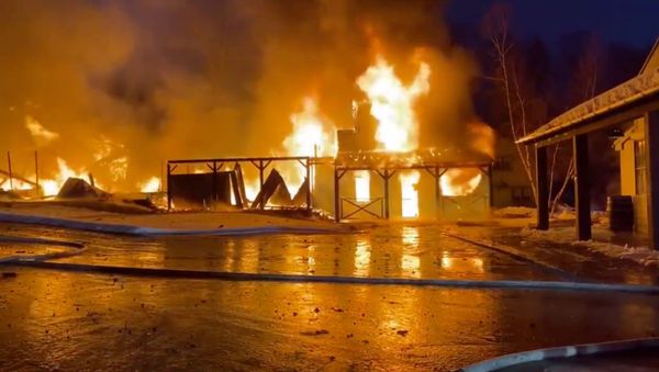 Screenshot captures part of the massive blaze that erupted at the Hole in the Wall Gang Camp in Ashford, Connecticut, on February 12, 2020. The camp was founded in 1988 by the late actor Paul Newman. - Sputnik International