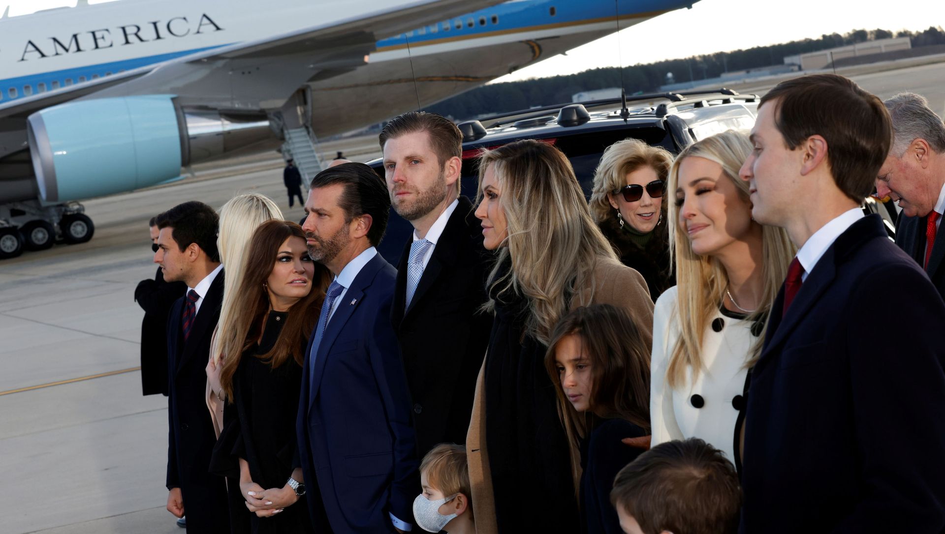 Tiffany Trump, Donald Trump Jr. and his girlfriend Kimberly Guilfoyle, Eric Trump with his wife Lara, and Ivanka Trump and Jared Kushner pose at Joint Base Andrews, Maryland, U.S., January 20, 2021 Tiffany Trump, Donald Trump Jr. and his girlfriend Kimberly Guilfoyle, Eric Trump with his wife Lara, and Ivanka Trump and Jared Kushner pose at Joint Base Andrews, Maryland, U.S., January 20, 2021 - Sputnik International, 1920, 13.02.2021