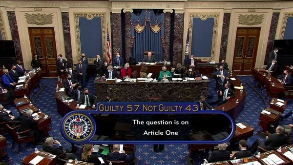 The U.S. Senate votes to acquit former U.S. President Donald Trump by a vote of 57 guilty to 43 not guilty, short of the 2/3s majority needed to convict, during the fifth day of the impeachment trial of the former president on charges of inciting the deadly attack on the U.S. Capitol, on Capitol Hill in Washington, U.S., February 13, 2021.  U.S. Senate TV/Handout via Reuters EDITORIAL USE ONLY NO COMMERCIAL SALES     TPX IMAGES OF THE DAY - Sputnik International