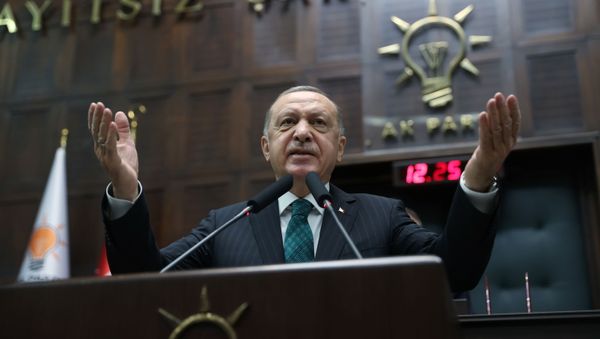 Turkish President Tayyip Erdogan addresses members of parliament from his ruling AK Party (AKP) during a meeting at the Turkish parliament in Ankara, Turkey, February 10, 2021 - Sputnik International