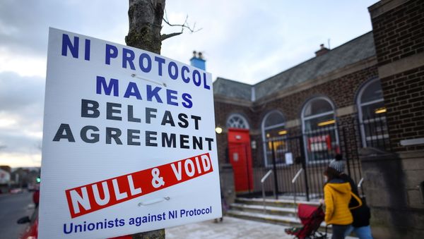 A sign is seen with a message against the Brexit border checks in relation to the Northern Ireland protocol in Larne, Northern Ireland February 12, 2021 A sign is seen with a message against the Brexit border checks in relation to the Northern Ireland protocol in Larne, Northern Ireland February 12, 2021 - Sputnik International