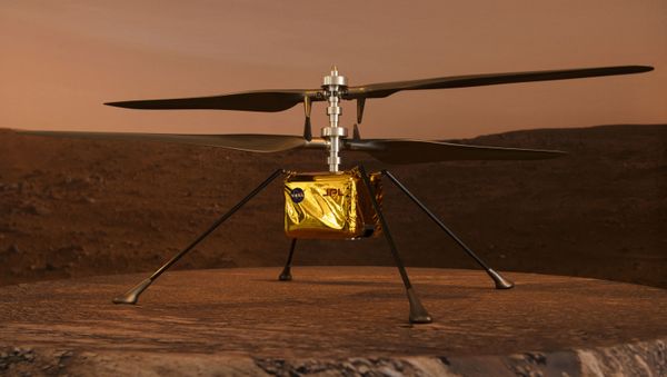 A full-scale model of the experimental Ingenuity Mars Helicopter, which will be carried under the Mars 2020 Perseverance rover, is displayed at NASA's Jet Propulsion Laboratory (JPL) on February 16, 2021 in Pasadena, California. - Sputnik International