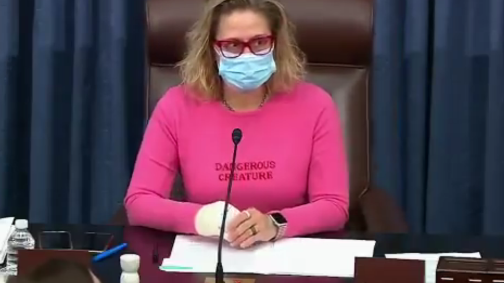 US Sen. Kyrsten Sinema (D-AZ) wearing a sweater that says Dangerous Creature while presiding over the US Senate on February 23, 2021 US Sen. Kyrsten Sinema (D-AZ) wearing a sweater that says Dangerous Creature while presiding over the US Senate on February 23, 2021 - Sputnik International, 1920, 05.10.2021