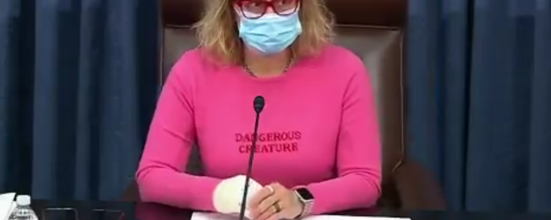 US Sen. Kyrsten Sinema (D-AZ) wearing a sweater that says Dangerous Creature while presiding over the US Senate on February 23, 2021 US Sen. Kyrsten Sinema (D-AZ) wearing a sweater that says Dangerous Creature while presiding over the US Senate on February 23, 2021 - Sputnik International, 1920, 05.10.2021