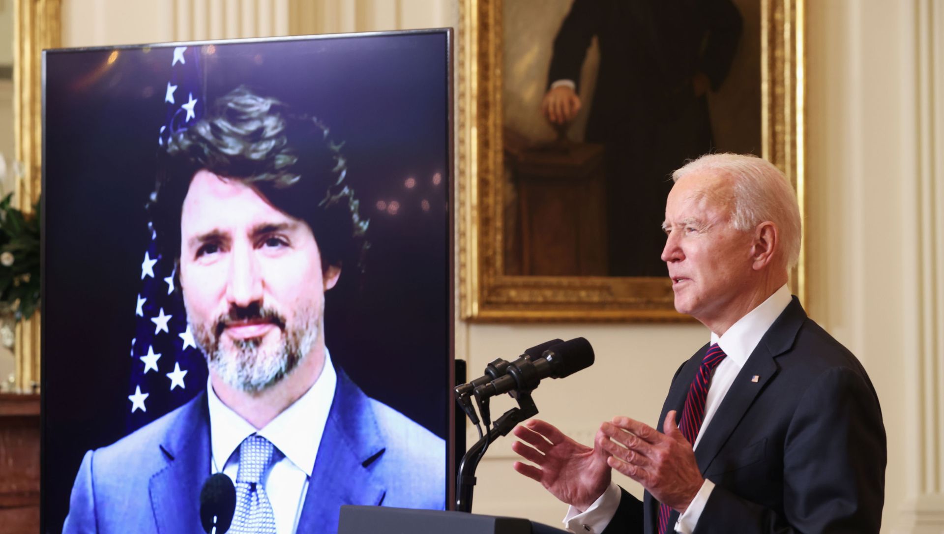 U.S. President Joe Biden and Canada’s Prime Minister Justin Trudeau, appearing via video conference call, give closing remarks at the end of their virtual bilateral meeting from the White House in Washington, U.S. February 23, 2021 U.S. President Joe Biden and Canada’s Prime Minister Justin Trudeau, appearing via video conference call, give closing remarks at the end of their virtual bilateral meeting from the White House in Washington, U.S. February 23, 2021 - Sputnik International, 1920, 24.02.2021