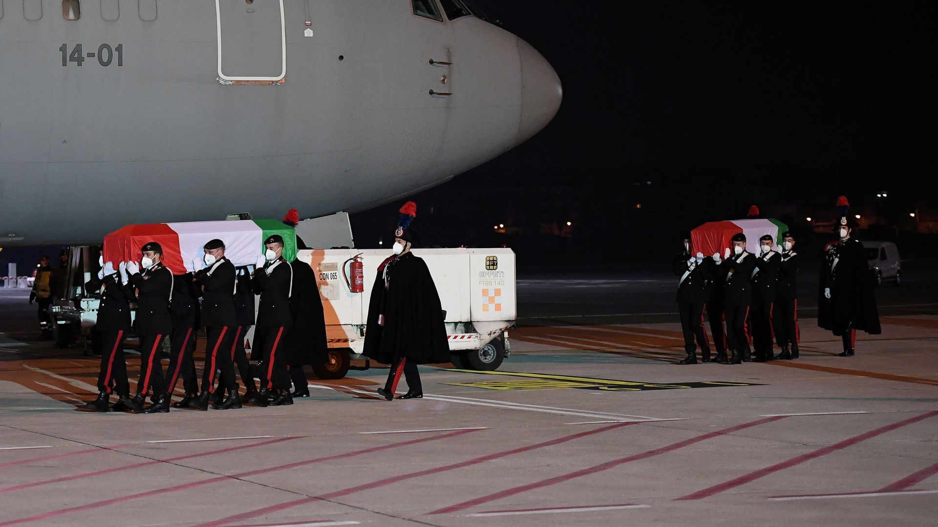 The bodies of Italian ambassador Luca Attanasio and his bodyguard Vittorio Iacovacci arrive back at Rome's Ciampino airport following a deadly attack in the Democratic Republic of Congo, in Rome, Italy, February 23, 2021. The bodies of Italian ambassador Luca Attanasio and his bodyguard Vittorio Iacovacci arrive back at Rome's Ciampino airport following a deadly attack in the Democratic Republic of Congo, in Rome, Italy, February 23, 2021. - Sputnik International, 1920, 24.02.2021
