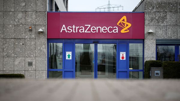The logo of the German branch of British-Swedish pharmaceutical company AstraZeneca is pictured in Wedel near Hamburg, Germany, March 1, 2021.  REUTERS/Cathrin Mueller - Sputnik International