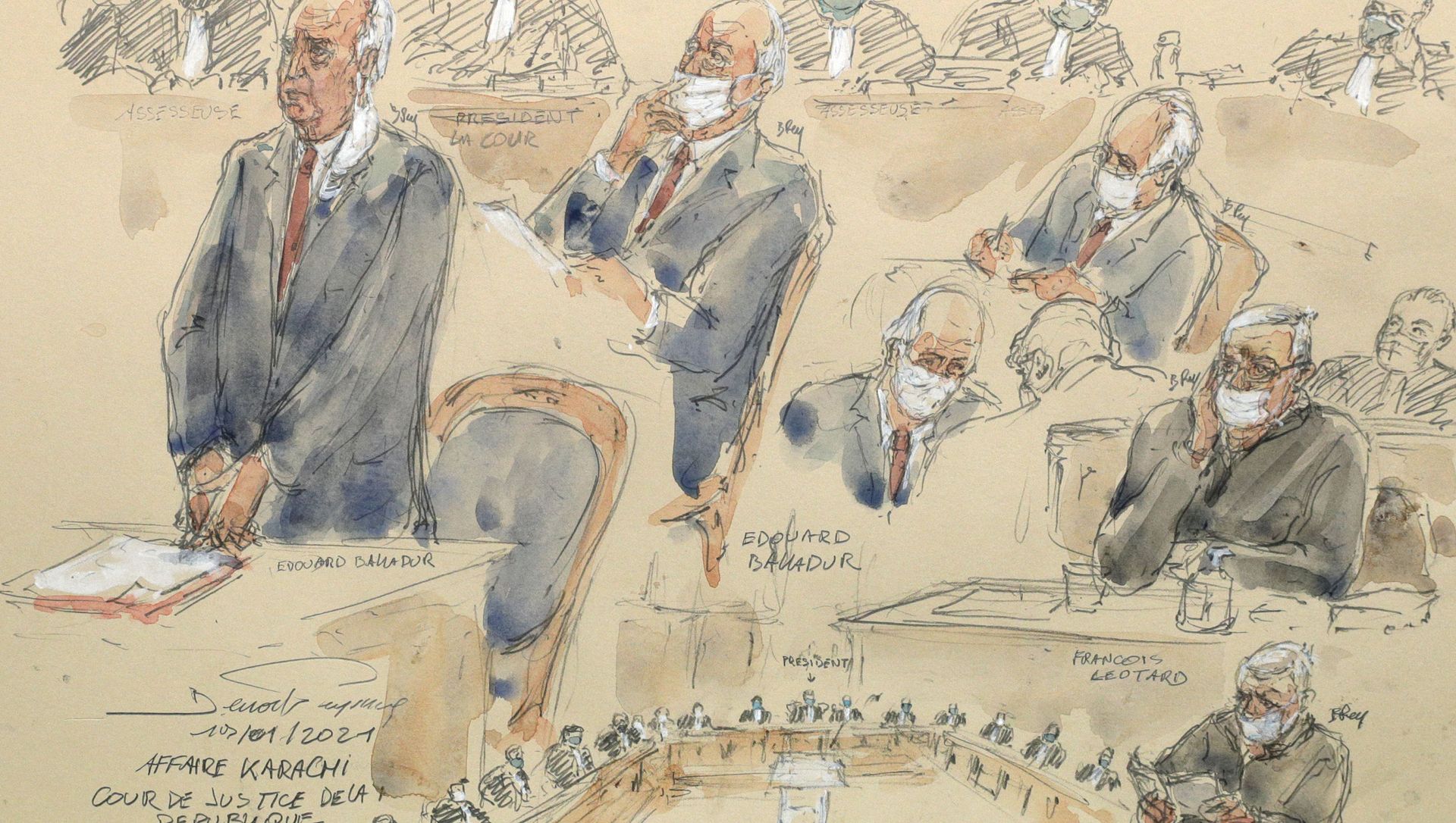 A courtroom sketch made on 19 January 2021 shows French former Prime Minister Edouard Balladur (L) and his former defence minister Francois Leotard (R) sit in the courtroom during their trial over alleged campaign graft in the so-called Karachi affair on 19 January 2021 at the Court of Justice of the Republic in Paris. A courtroom sketch made on 19 January 2021 shows French former Prime Minister Edouard Balladur (L) and his former defence minister Francois Leotard (R) sit in the courtroom during their trial over alleged campaign graft in the so-called Karachi affair on 19 January 2021 at the Court of Justice of the Republic in Paris. - Sputnik International, 1920, 04.03.2021