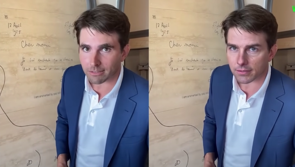 Side-by-side image shows Tom Cruise impersonator Miles Fisher portraying the US actor in a deepfake video - Sputnik International