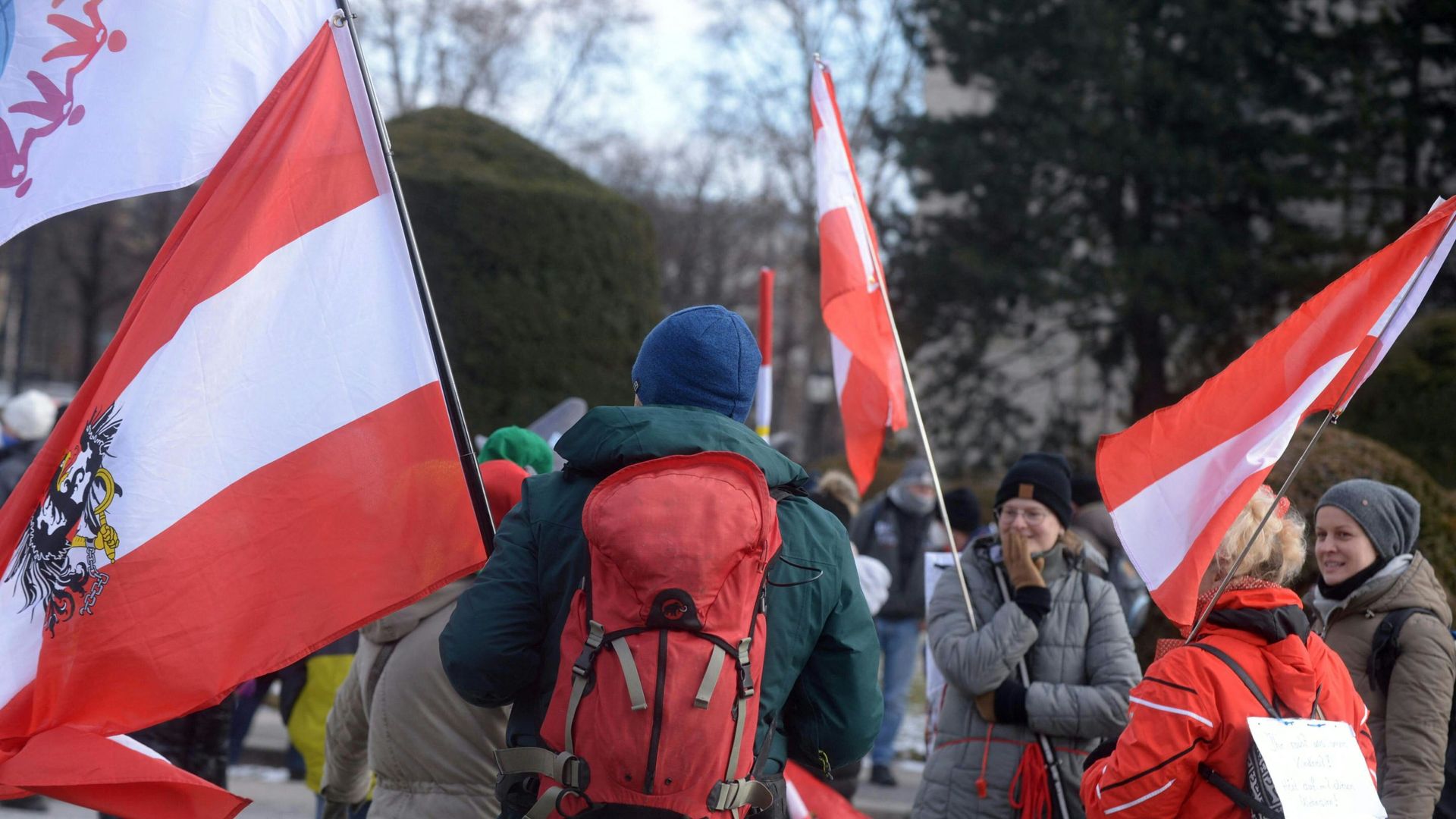 Demonstrators wave Austrian flags as they protest against the restrictions and measures taken by the Austrian government to fight the novel coronavirus, on 13 February 2021 in Vienna, amid the novel coronavirus / COVID-19 pandemic. Demonstrators wave Austrian flags as they protest against the restrictions and measures taken by the Austrian government to fight the novel coronavirus, on 13 February 2021 in Vienna, amid the novel coronavirus / COVID-19 pandemic. - Sputnik International, 1920, 06.03.2021
