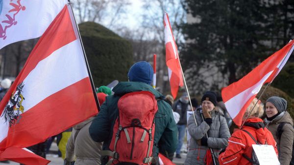 Demonstrators wave Austrian flags as they protest against the restrictions and measures taken by the Austrian government to fight the novel coronavirus, on 13 February 2021 in Vienna, amid the novel coronavirus / COVID-19 pandemic. - Sputnik International