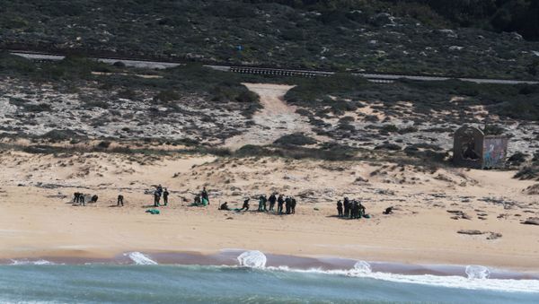 An aerial view shows Israeli soldiers cleaning tar from the sand after an offshore oil spill drenched much of Israel's Mediterranean shoreline, at a beach in Atlit, Israel February 22, 2021. REUTERS/Ronen Zvulun/File Photo - Sputnik International