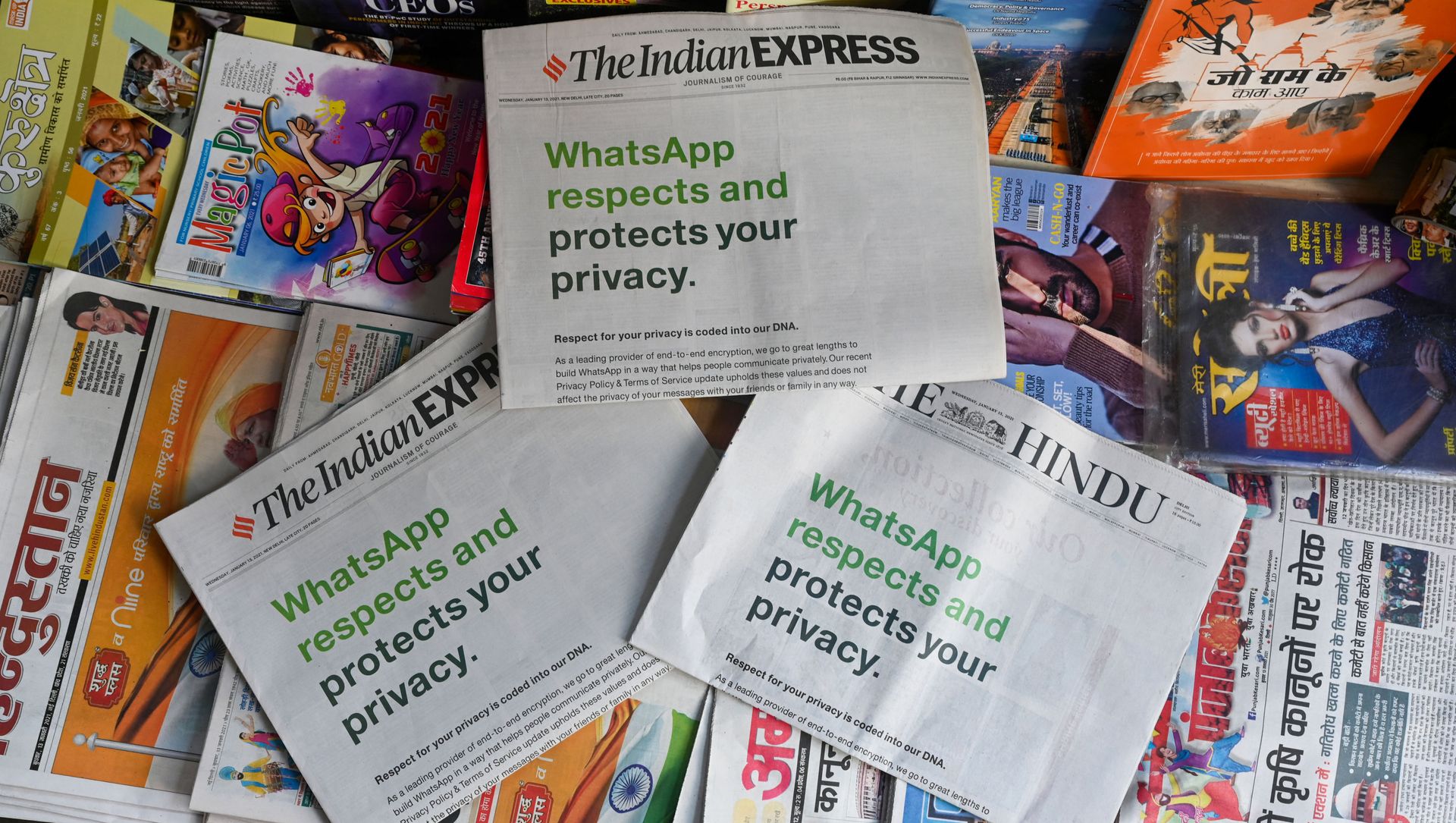 An advertisement from WhatsApp is seen in a newspaper at a stall in New Delhi on January 13, 2021 An advertisement from WhatsApp is seen in a newspaper at a stall in New Delhi on January 13, 2021 - Sputnik International, 1920, 08.03.2021