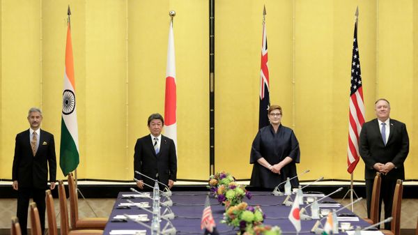 FILE PHOTO: Indian Foreign Minister Subrahmanyam Jaishankar, Japan's Foreign Minister Toshimitsu Motegi, Australia's Foreign Minister Marise Payne and then-U.S. Secretary of State Mike Pompeo, since succeeded by Antony Blinken, pose for a picture before the Quad ministerial meeting in Tokyo, Japan October 6, 2020 - Sputnik International