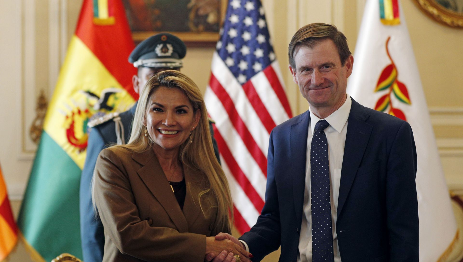 Bolivian interim President Jeanine Anez, left, shakes hands with David Hale, U.S. Undersecretary of State for Political Affairs, during a photo opportunity at the presidential palace in La Paz, Bolivia, Tuesday, Jan. 21, 2020. Bolivian interim President Jeanine Anez, left, shakes hands with David Hale, U.S. Undersecretary of State for Political Affairs, during a photo opportunity at the presidential palace in La Paz, Bolivia, Tuesday, Jan. 21, 2020. - Sputnik International, 1920, 12.03.2021