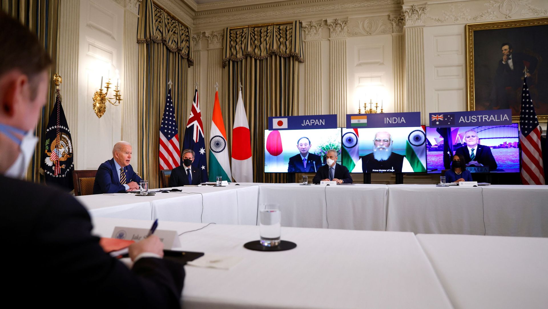 U.S. President Joe Biden and Vice President Kamala Harris, not pictured, participate beside staff and cabinet members in a virtual meeting with Asia-Pacific nation leaders at the White House in Washington, U.S., March 12, 2021. U.S. President Joe Biden and Vice President Kamala Harris, not pictured, participate beside staff and cabinet members in a virtual meeting with Asia-Pacific nation leaders at the White House in Washington, U.S., March 12, 2021. - Sputnik International, 1920, 12.03.2021
