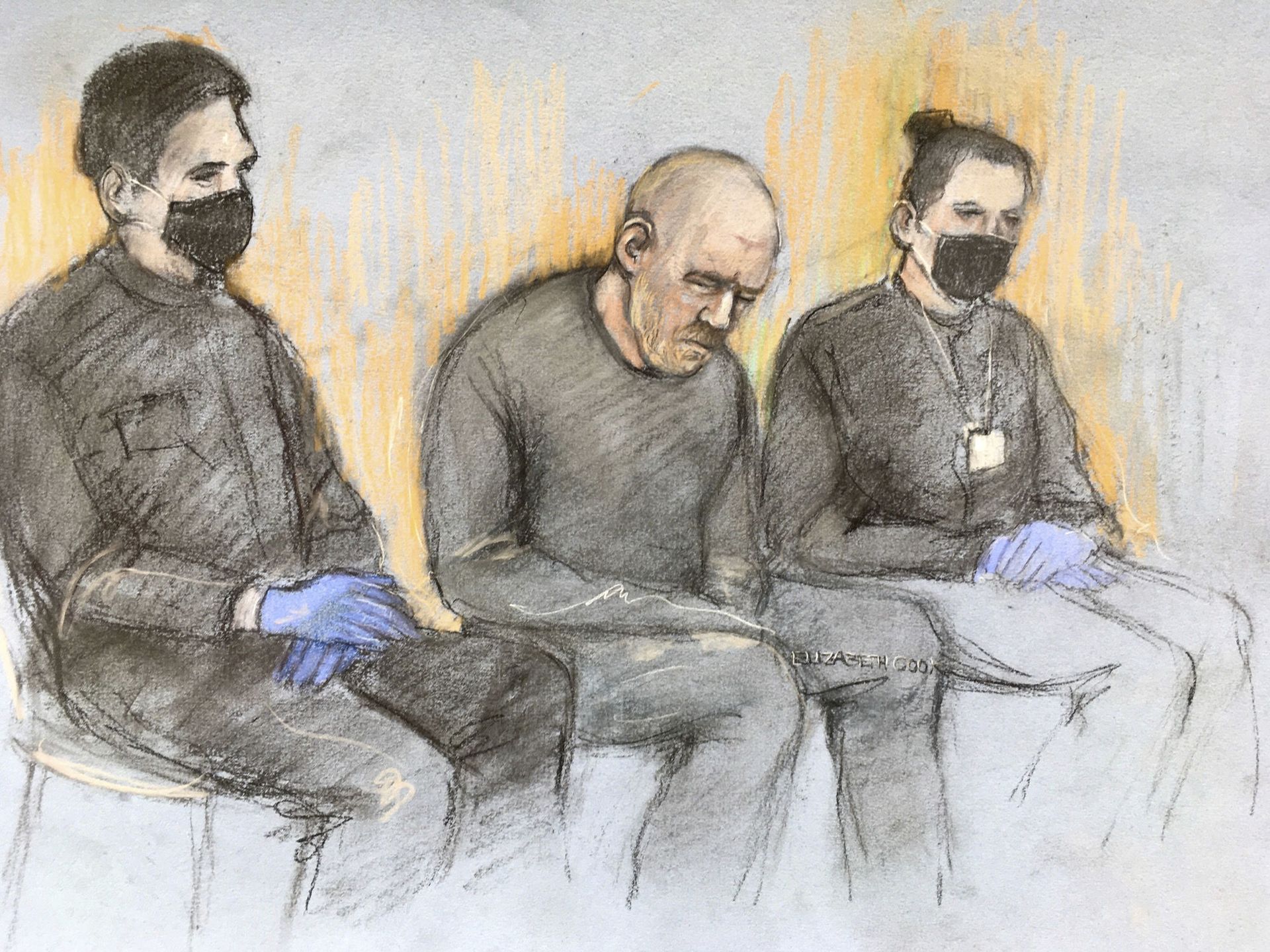 This court artist sketch by Elizabeth Cook shows serving police constable Wayne Couzens, center appearing in the dock at Westminster Magistrates' Court, in London, Saturday, March 13, 2021 - Sputnik International, 1920, 03.10.2021