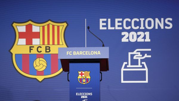 Soccer Football - FC Barcelona elect a new club President - Camp Nou, Barcelona, Spain - March 7, 2021 General view of the lectern during the election - Sputnik International