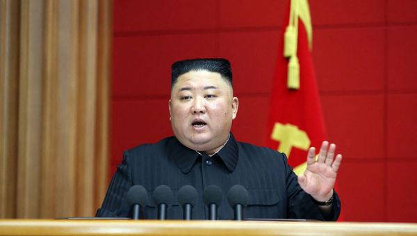 This picture taken on March 6, 2021 and released from North Korea's official Korean Central News Agency (KCNA) on March 7, 2021 shows North Korean leader Kim Jong Un speaking during the First Short Course for Chief Secretaries of City and County Party Committees in Pyongyang. - Sputnik International