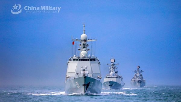 A naval fleet comprised of the guided-missile destroyers Ningbo (Hull 139) and Taiyuan (Hull 131), as well as the guided-missile frigate Nantong (Hull 601), steams in astern formation in waters of the East China Sea during a maritime training drill in late January, 2021 A naval fleet comprised of the guided-missile destroyers Ningbo (Hull 139) and Taiyuan (Hull 131), as well as the guided-missile frigate Nantong (Hull 601), steams in astern formation in waters of the East China Sea during a maritime training drill in late January, 2021 - Sputnik International