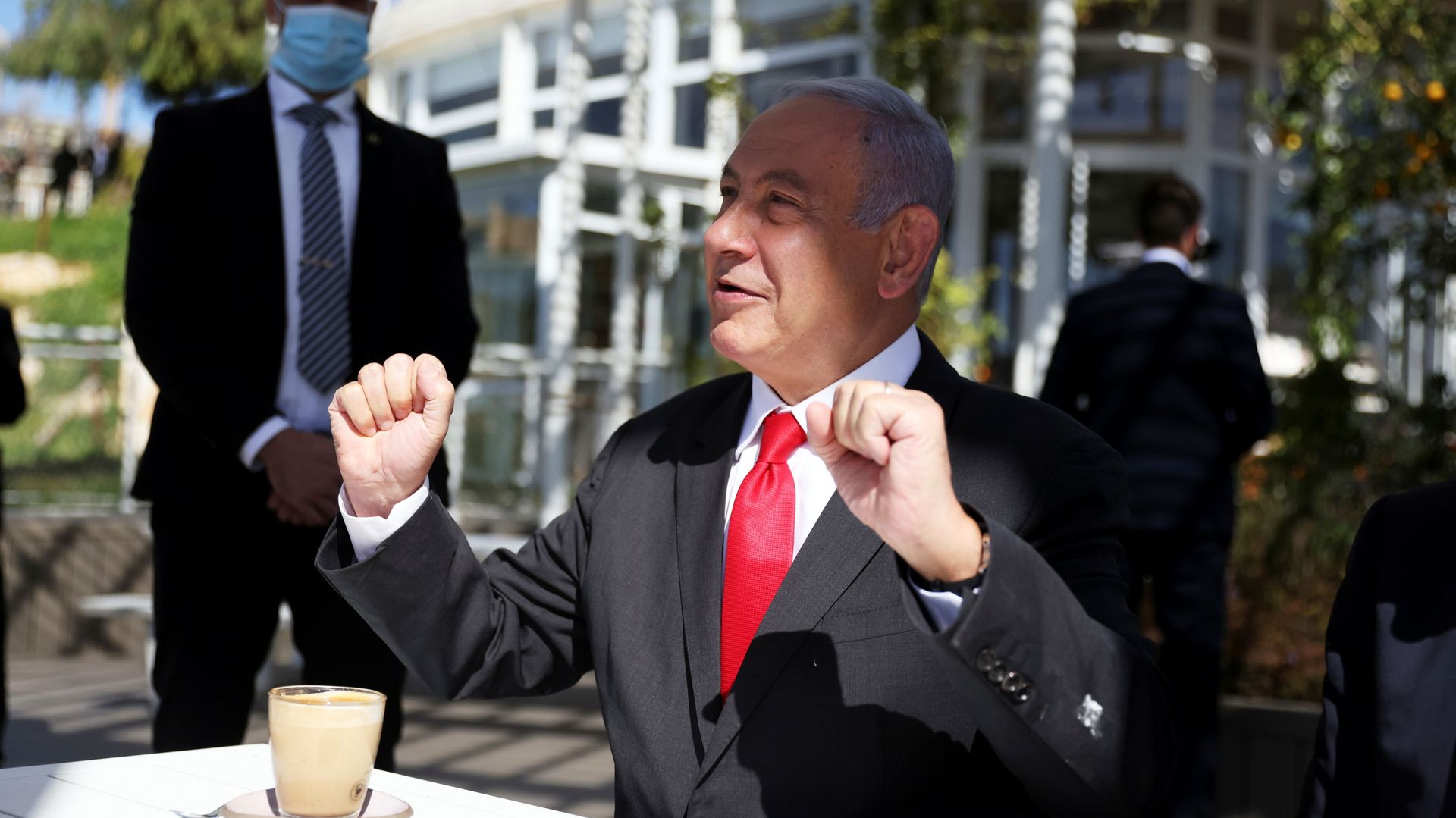 Israel Prime Minister, Benjamin Netanyahu gestures as he sits in a cafe while Israel further eases coronavirus disease (COVID-19) restrictions in Jerusalem March 7, 2021 Israel Prime Minister, Benjamin Netanyahu gestures as he sits in a cafe while Israel further eases coronavirus disease (COVID-19) restrictions in Jerusalem March 7, 2021 - Sputnik International, 1920, 23.03.2021