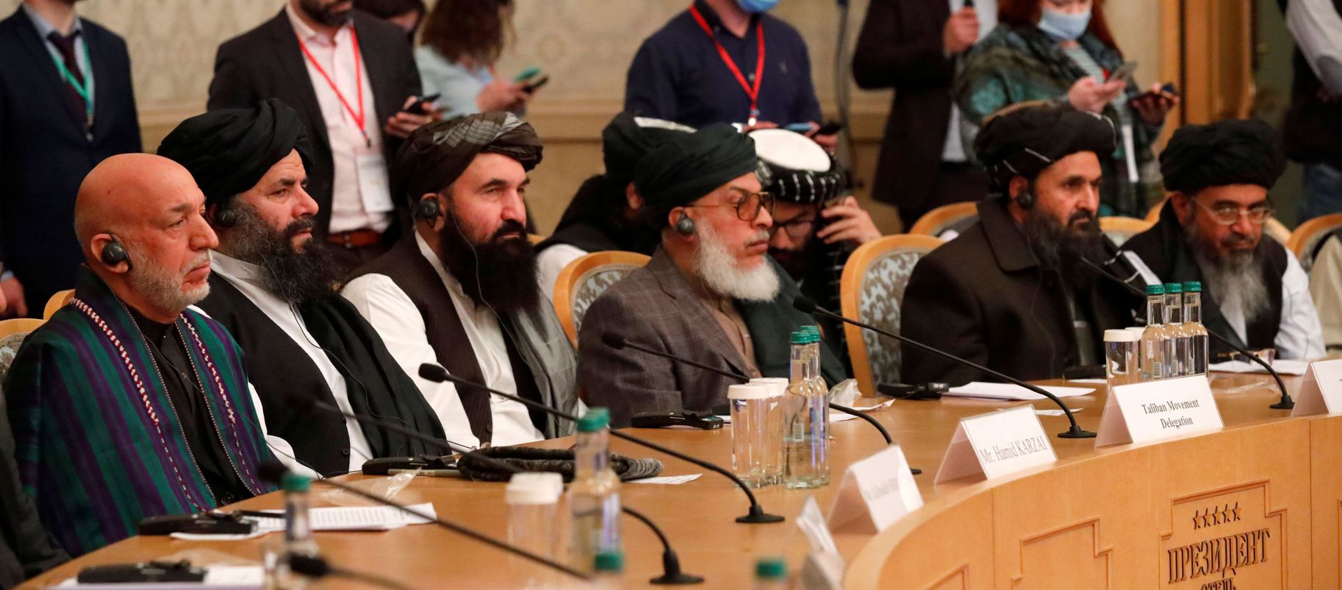 Officials, including Afghan former President Hamid Karzai and the Taliban's deputy leader and negotiator Mullah Abdul Ghani Baradar, attend the Afghan peace conference in Moscow, Russia March 18, 2021. Alexander Zemlianichenko/Pool via REUTERS Officials, including Afghan former President Hamid Karzai and the Taliban's deputy leader and negotiator Mullah Abdul Ghani Baradar, attend the Afghan peace conference in Moscow, Russia March 18, 2021. Alexander Zemlianichenko/Pool via REUTERS - Sputnik International, 1920, 13.04.2021