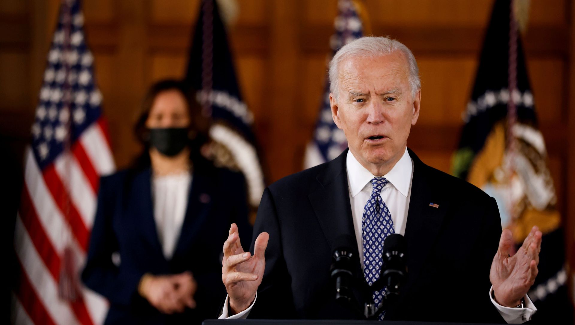 U.S. President Joe Biden and Vice President Kamala Harris deliver remarks after meeting with Asian-American leaders to discuss the ongoing attacks and threats against the community, during a stop at Emory University in Atlanta, Georgia, U.S., March 19, 2021. U.S. President Joe Biden and Vice President Kamala Harris deliver remarks after meeting with Asian-American leaders to discuss the ongoing attacks and threats against the community, during a stop at Emory University in Atlanta, Georgia, U.S., March 19, 2021. - Sputnik International, 1920, 22.03.2021