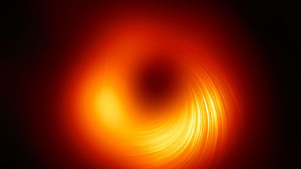 Polarised view of the black hole in M87. The lines mark the orientation of polarisation, which is related to the magnetic field around the shadow of the black hole. - Sputnik International