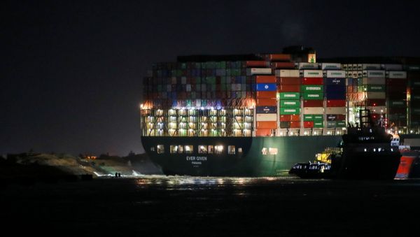 A view shows the stranded container ship Ever Given, one of the world's largest container ships, after it ran aground, in Suez Canal, Egypt March 27, 2021. - Sputnik International