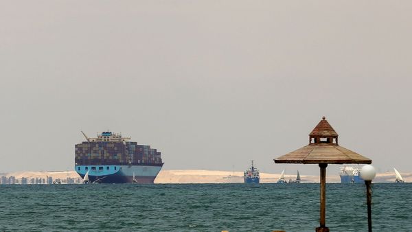 Ships are anchored outside the Suez Canal, where a container ship ran aground and blocked traffic, near Ismailia, Egypt, March, 28, 2021. - Sputnik International