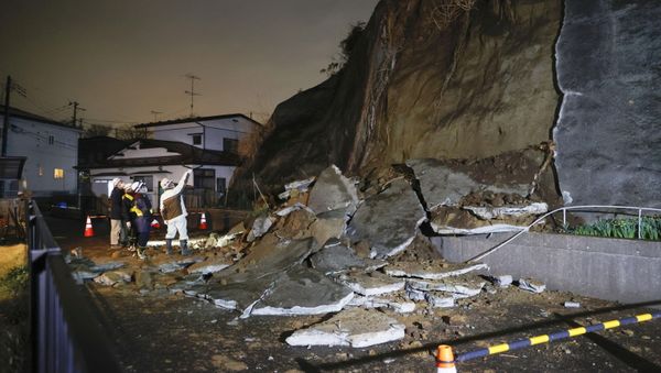 A part of a cliff which collapsed due to an earthquake is pictured in Shiogama, Miyagi prefecture, Japan in this photo taken by Kyodo on March 20, 2021. - Sputnik International
