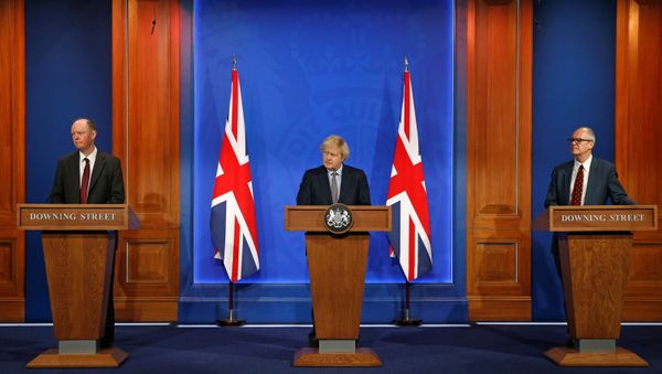 Britain's Chief Medical Officer for England Chris Whitty, Britain's Prime Minister Boris Johnson and Britain's Chief Scientific Adviser Patrick Vallance give an update at a news conference on the coronavirus disease (COVID-19) pandemic, in London, Britain March 29, 2021. - Sputnik International