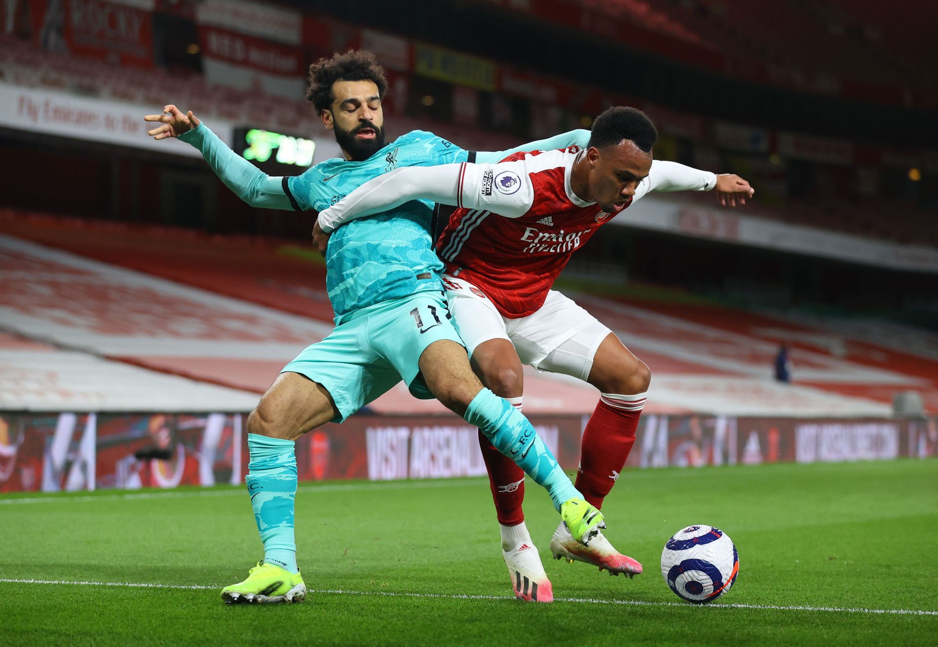 Soccer Football - Premier League - Arsenal v Liverpool  - Emirates Stadium, London, Britain - April 3, 2021 Liverpool's Mohamed Salah in action with Arsenal's Gabriel Magalhaes - Sputnik International, 1920, 25.09.2021
