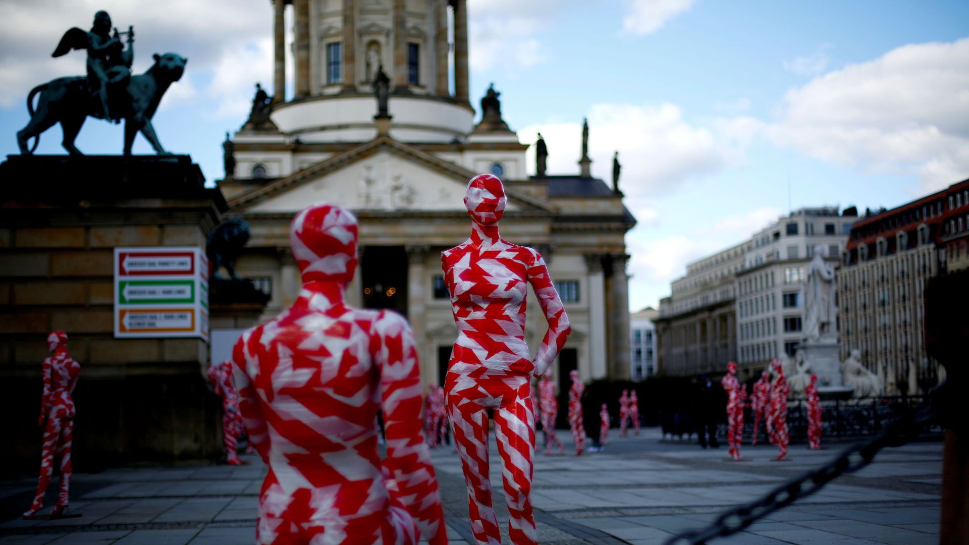 Mannequins wrapped in red and white barricade tape to symbolize the coronavirus disease crisis are placed at the Gendarmenmarkt square as part of a COVID-19 art installation It is like it is by German artist Dennis Josef Meseg in Berlin, Germany, April 3, 2021. - Sputnik International, 1920, 14.02.2022