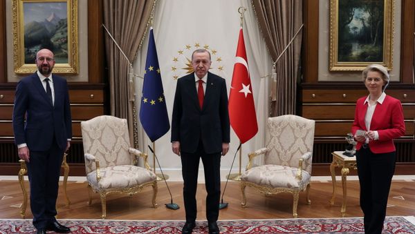 Turkish President Tayyip Erdogan meets with European Council President Charles Michel and European Commission President Ursula von der Leyen in Ankara, Turkey April 6, 2021. - Sputnik International