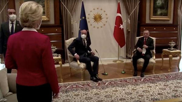 European Commission President Ursula von der Leyen stands as European Council President Charles Michel and Turkish President Tayyip Erdogan take seats in Ankara, Turkey April 6, 2021, in this screengrab obtained by Reuters - Sputnik International