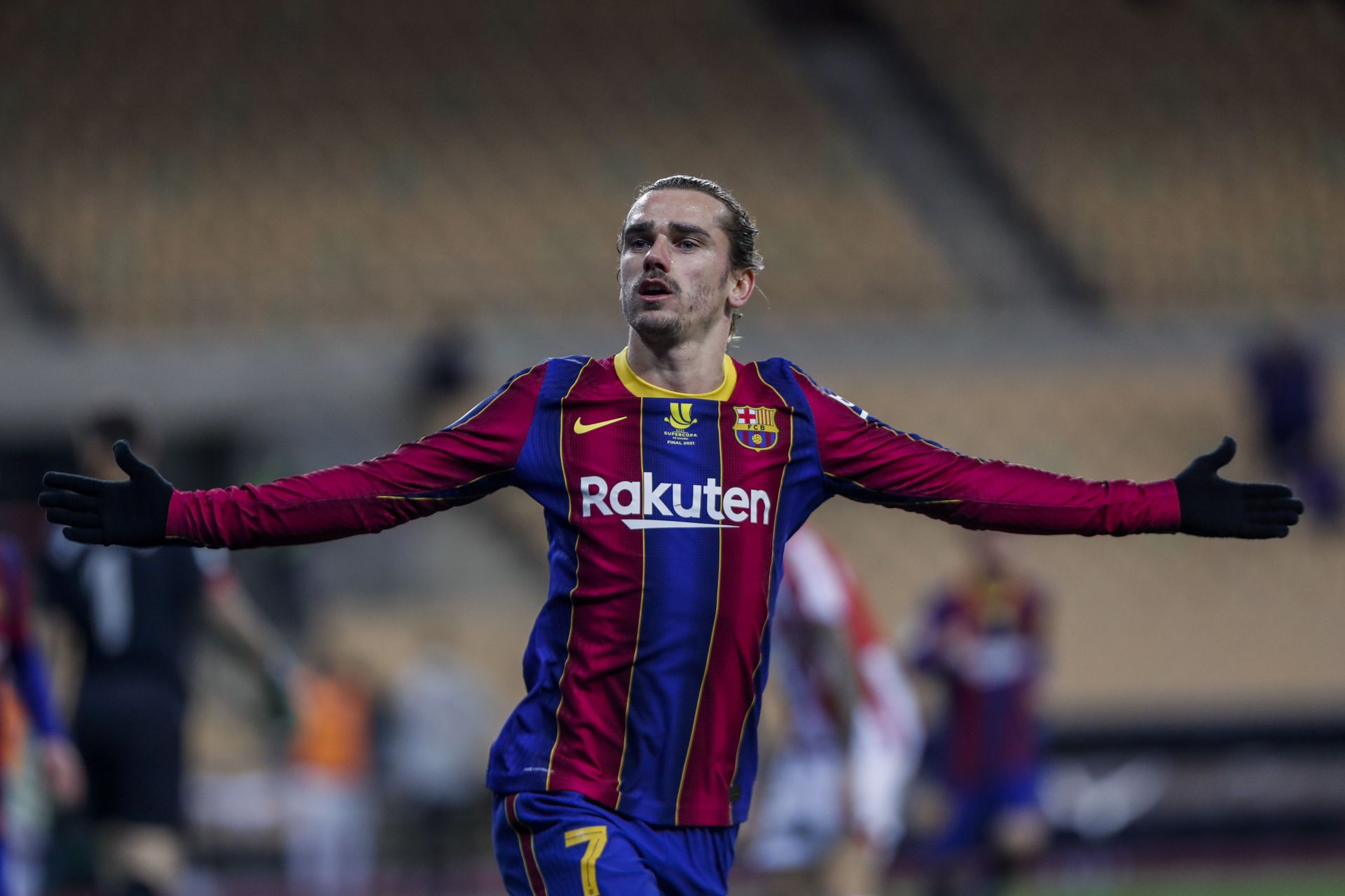 Barcelona's Antoine Griezmann celebrates after scoring his second goal during the Spanish Supercopa final soccer match between FC Barcelona and Athletic Bilbao at La Cartuja stadium in Seville, Spain, Sunday, Jan. 17, 2021. - Sputnik International, 1920, 07.09.2021