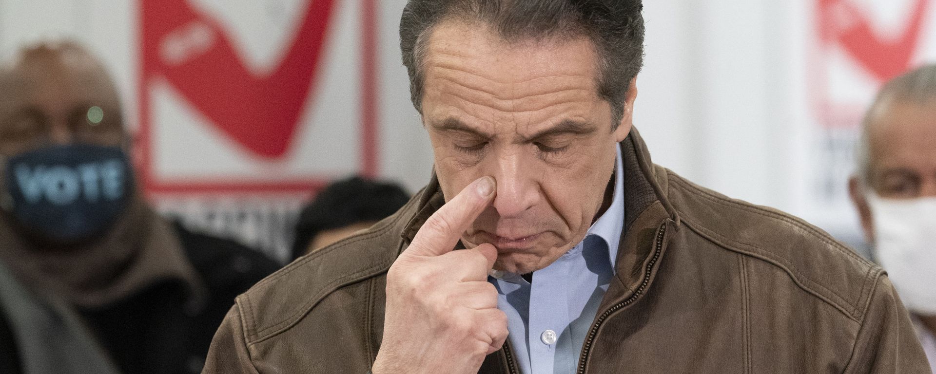New York Gov. Andrew Cuomo touches his nose during a visit to a new COVID-19 vaccination site, Monday, March 15, 2021, at the State University of New York in Old Westbury. The site is scheduled to open on Friday. New York Gov. Andrew Cuomo touches his nose during a visit to a new COVID-19 vaccination site, Monday, March 15, 2021, at the State University of New York in Old Westbury. The site is scheduled to open on Friday. - Sputnik International, 1920, 11.04.2021