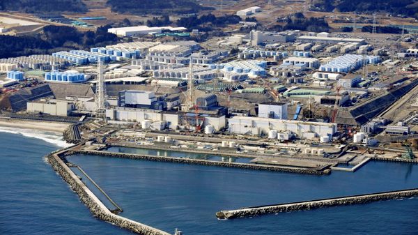 An aerial view shows the storage tanks for treated water at the tsunami-crippled Fukushima Daiichi nuclear power plant in Okuma town, Fukushima prefecture, Japan February 13, 2021, in this photo taken by Kyodo. - Sputnik International
