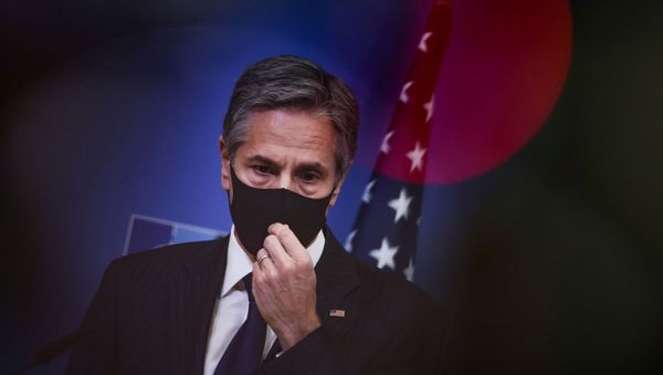 U.S. Secretary of State Antony Blinken looks on during a joint news conference with Secretary General of the Transatlantic Alliance NATO's chief Jens Stoltenberg and U.S. Defence Secretary Lloyd Austin  following a meeting after the United States announced the withdrawal of all its troops from the Afghanistan by September 11, 2021, at NATO's headquarters in Brussels, Belgium April 14, 2021. - Sputnik International