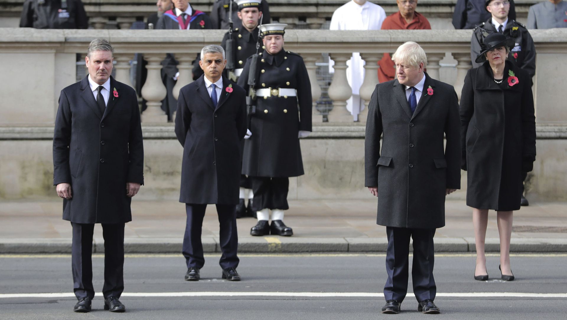 From left, Labour Party leader Sir Keir Starmer, Mayor of London Sadiq Khan, Prime Minister Boris Johnson and former prime minister Theresa May stand, during the Remembrance Sunday service at the Cenotaph, in Whitehall, London, Sunday Nov. 8, 2020. From left, Labour Party leader Sir Keir Starmer, Mayor of London Sadiq Khan, Prime Minister Boris Johnson and former prime minister Theresa May stand, during the Remembrance Sunday service at the Cenotaph, in Whitehall, London, Sunday Nov. 8, 2020. - Sputnik International, 1920, 16.04.2021