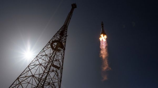 The Soyuz MS-18 spacecraft carrying the crew formed of Mark Vande Hei of NASA and cosmonauts Oleg Novitskiy and Pyotr Dubrov of Roscosmos blasts off to the International Space Station (ISS) from the launchpad at the Baikonur Cosmodrome, Kazakhstan April 9, 2021. - Sputnik International