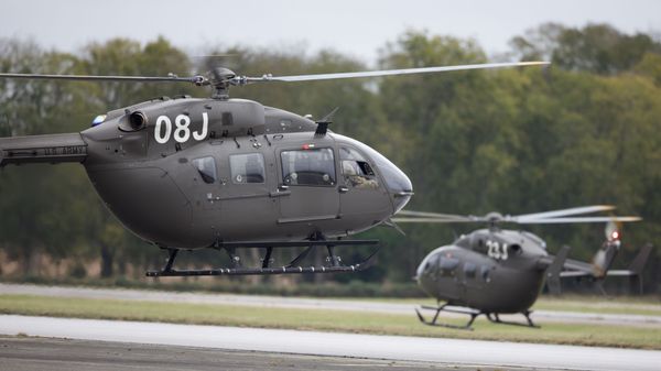 Two U.S. Army UH-72 Lakota Helicopters, assigned to 1st Battalion, 145th Aviation Regiment performs a hover taxi on Toth Stagefield Army Heliport, Fort Rucker, AL,. November 8, 2019. - Sputnik International