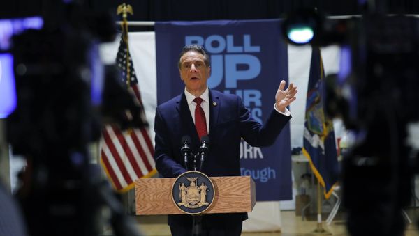 New York Governor Andrew Cuomo answers a reporters question during a virtual news conference following an event to announce five new walk-in pop-up vaccination sites for New York City Bodega, grocery store and supermarket workers amid the coronavirus disease (COVID-19) pandemic, in the Harlem section of New York, April 23, 2021. - Sputnik International